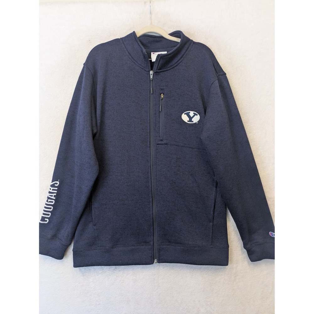 Champion BYU Cougars Jacket Men's M Navy Blue Full Zip Mock Neck Fleece‎ Knit